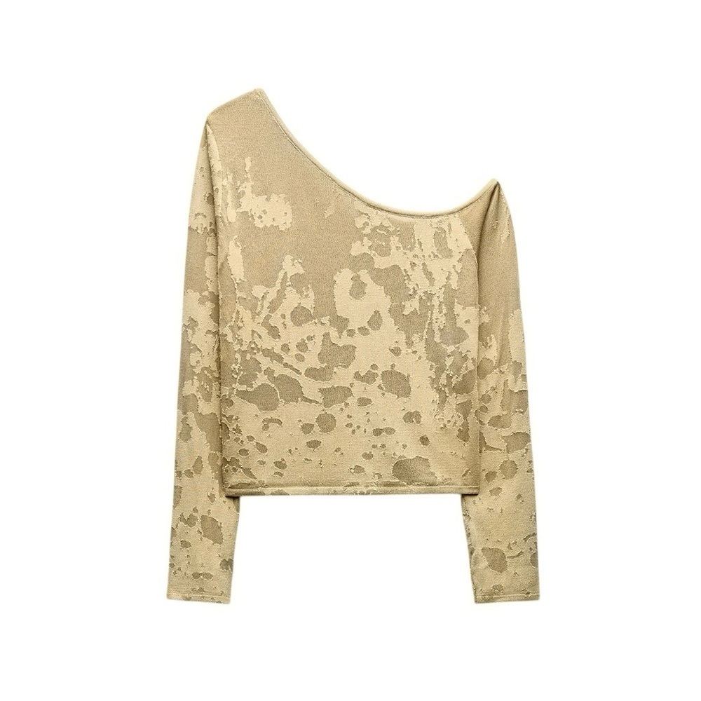 ZARA Medium Asymmetrical One Shoulder Textured Knit Long Sleeve Top Beige Tan